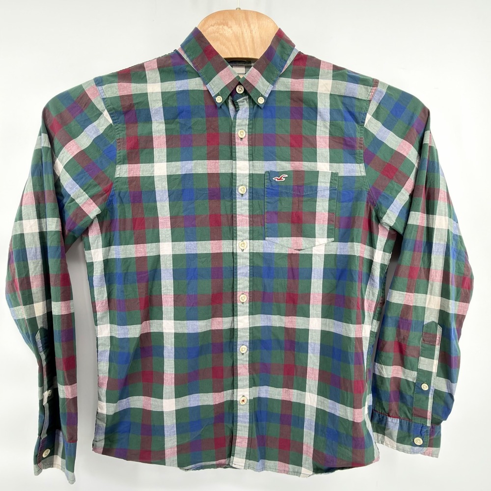Hollister Button Down Shirt Mens L Green Blue Burgundy Plaid Stretch Long Sleeve